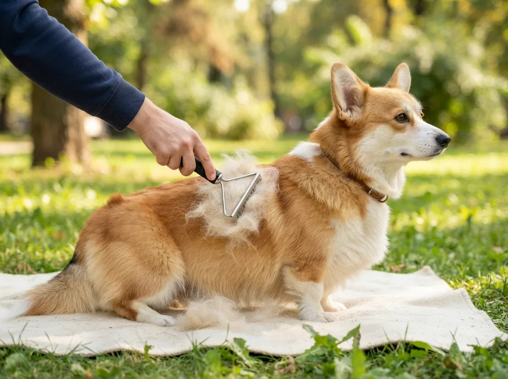 Undercoat rake pulling loose undercoat from a Pembroke Welsh Corgi coat