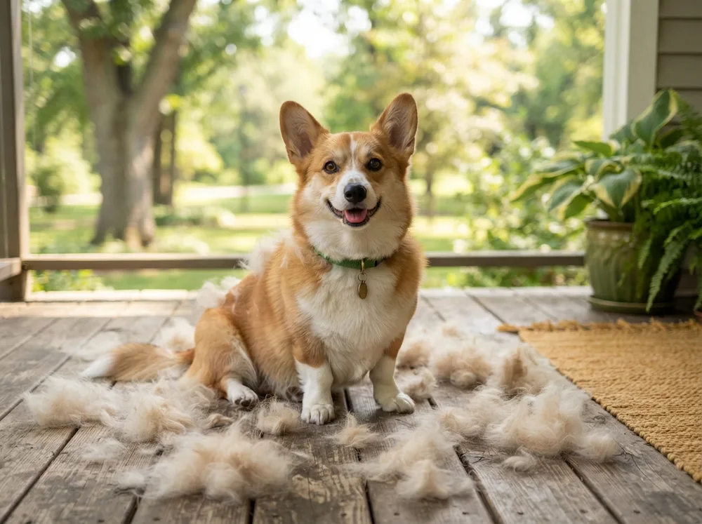 Pembroke Welsh Corgi surrounded by tufts of blown undercoat on a balcony floor