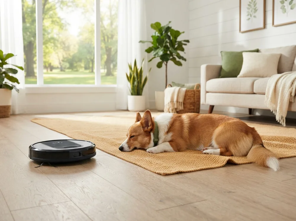Robot vacuum working around a resting Pembroke Welsh Corgi in a bright living room