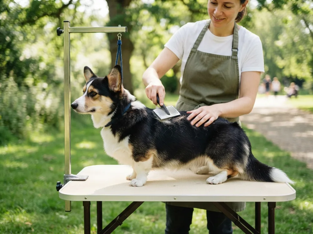 Pembroke Welsh Corgi being brushed on a grooming table with a slicker brush
