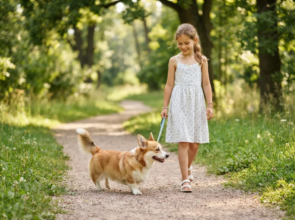 Pembroke Welsh Corgi walking calmly beside a school-age child on a park path