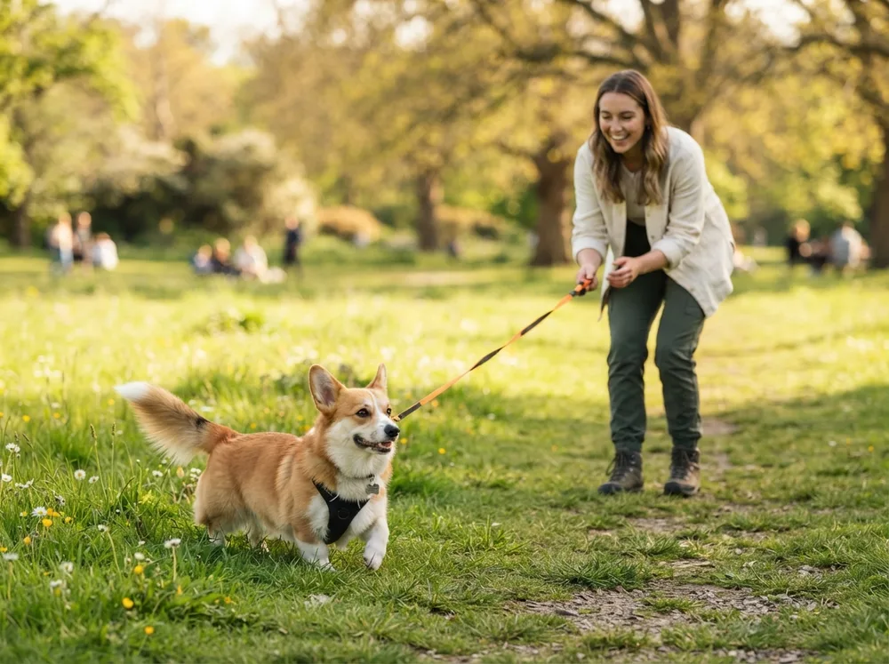 Pembroke Welsh Corgi on a long training lead focusing on its handler in a field