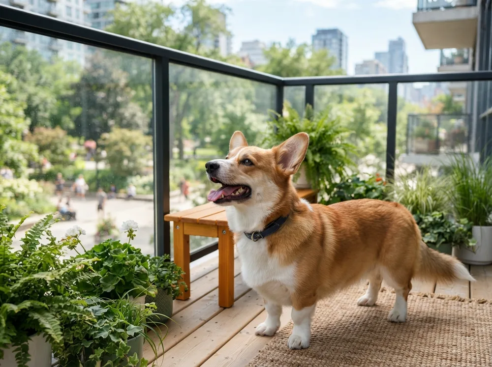 Pembroke Welsh Corgi mid-bark with ears forward on a condo balcony
