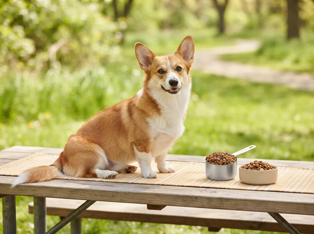 Lean Pembroke Welsh Corgi beside a food-measuring scoop and portioned kibble