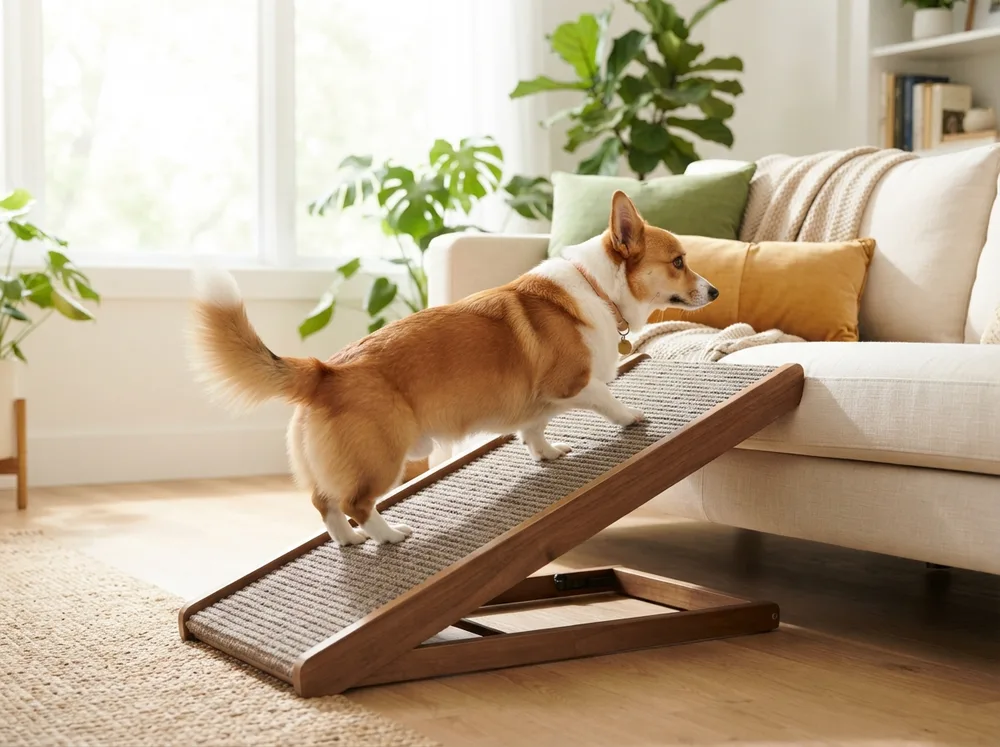 Pembroke Welsh Corgi using a fabric ramp to reach a sofa safely
