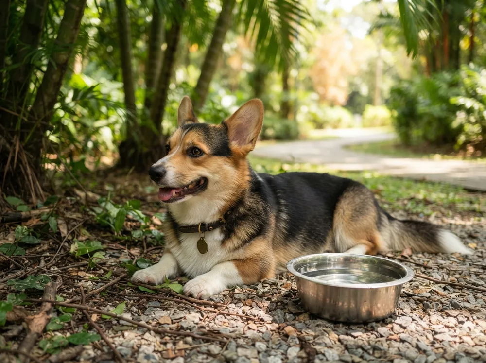 Pembroke Welsh Corgi resting in shade beside a water bowl on a hot Singapore afternoon
