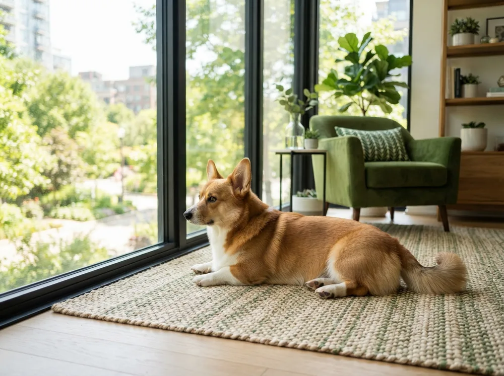 Pembroke Welsh Corgi lying on a condo living room rug beside floor-to-ceiling windows