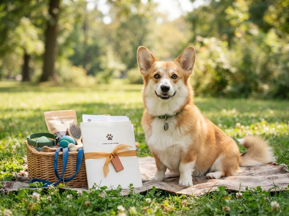 Pembroke Welsh Corgi sitting beside stacked puppy supplies and a licence document folder