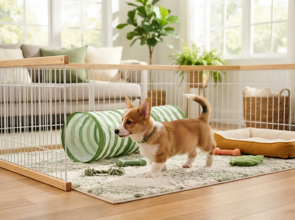 Pembroke Welsh Corgi puppy exploring a playpen set up in a bright living room