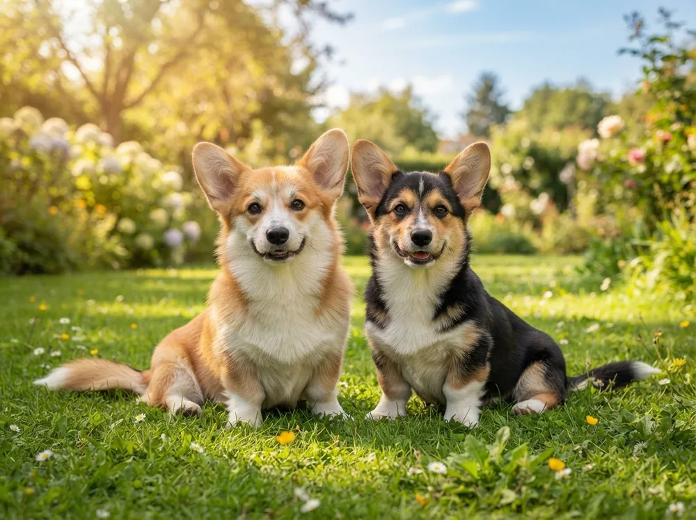 Two Pembroke Welsh Corgi puppies sitting side by side on a garden lawn