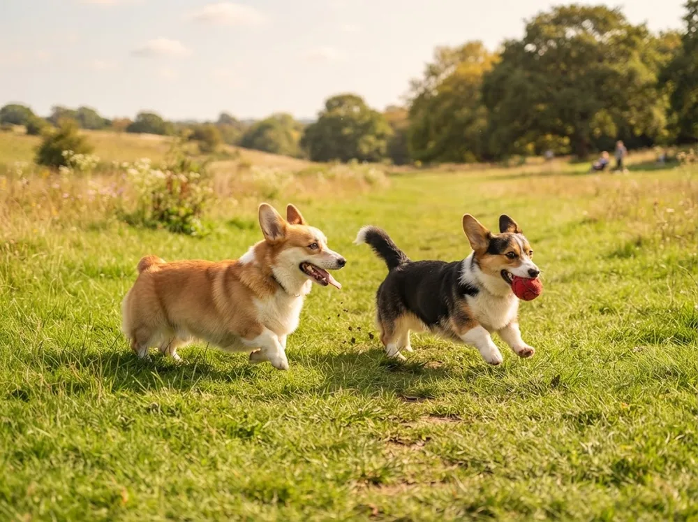 Two adult Pembroke Welsh Corgis playing together on an open field