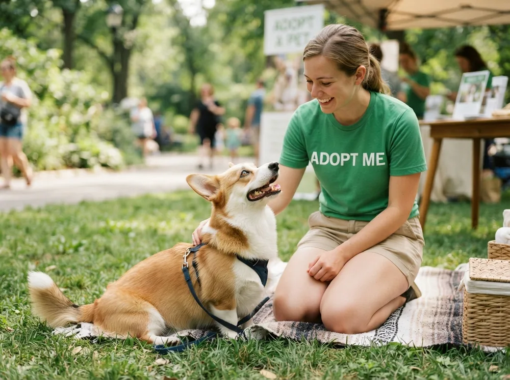 Adult Pembroke Welsh Corgi looking up at a volunteer at an adoption meet-up