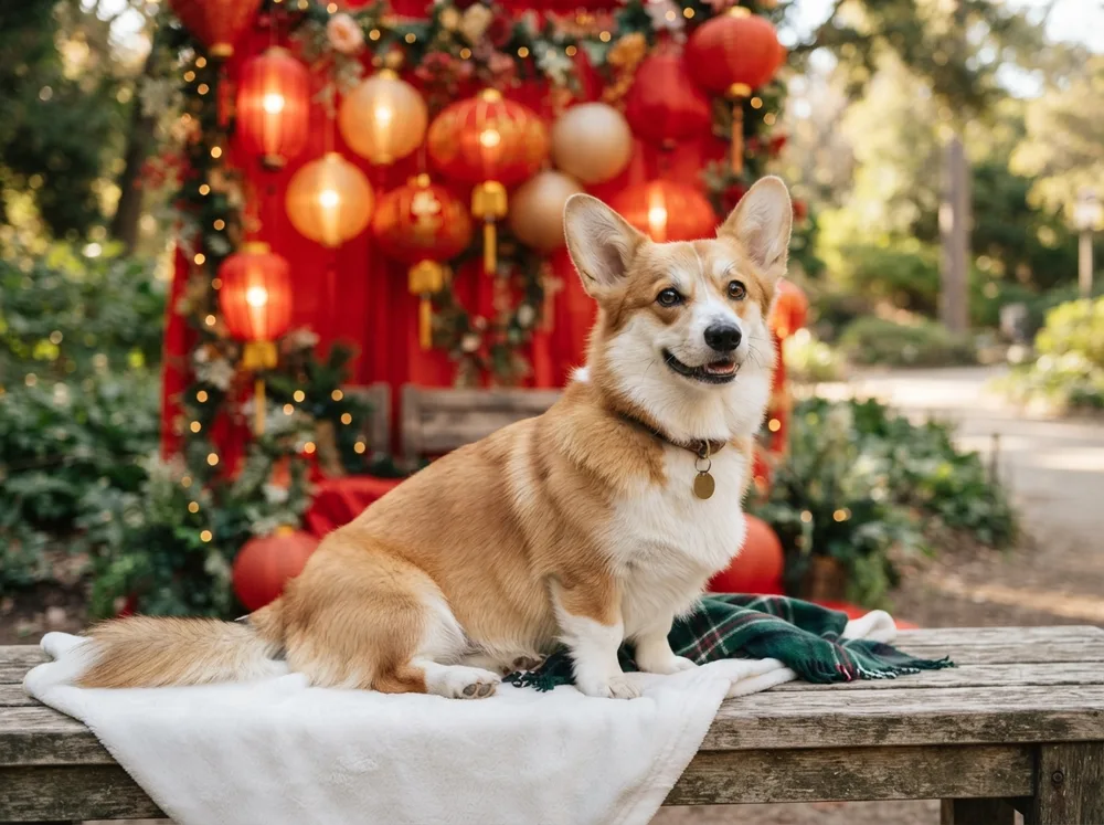 Pembroke Welsh Corgi sitting in front of a red festive backdrop with lanterns