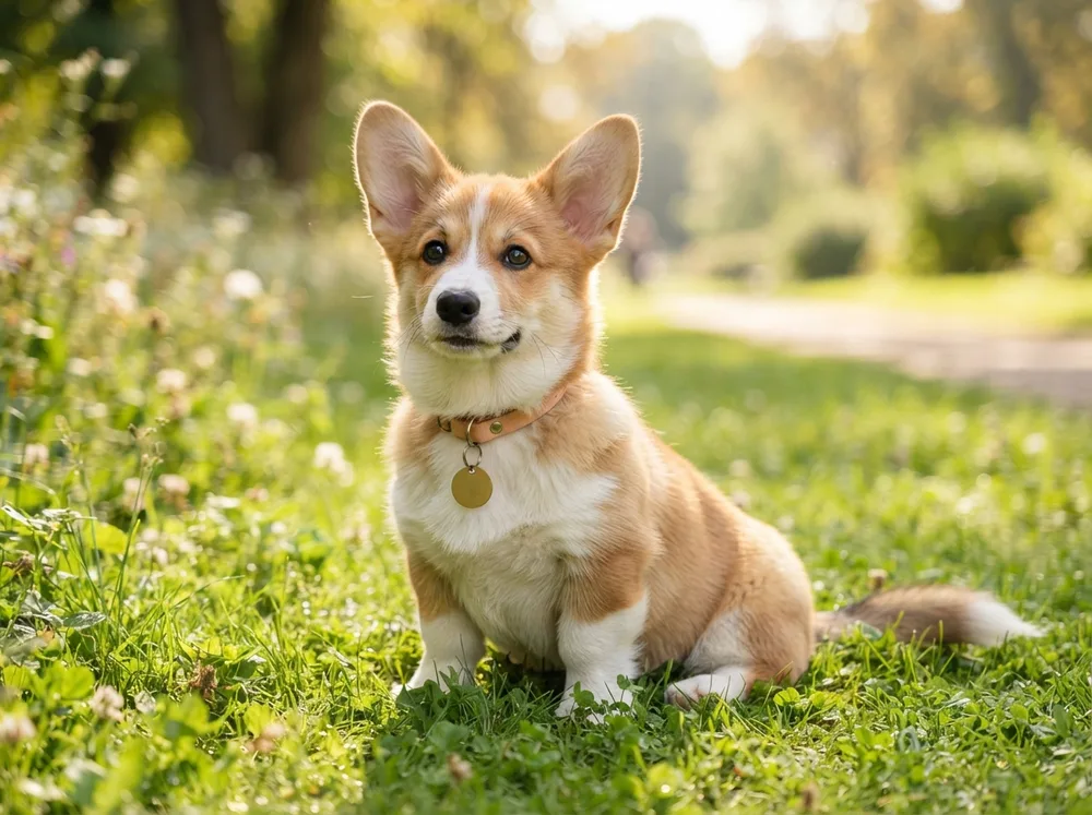 Pembroke Welsh Corgi puppy with a blank name tag on its collar sitting on grass