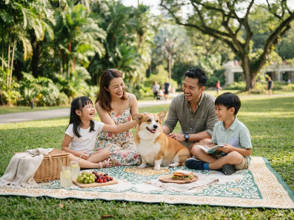 Pembroke Welsh Corgi sitting with a family on a picnic mat in a Singapore park
