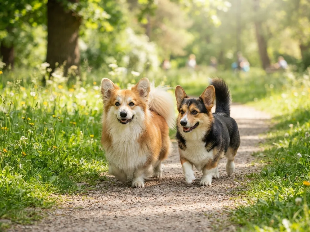 Fluffy long-coat Pembroke Welsh Corgi showing feathered ears and chest beside a standard-coat corgi