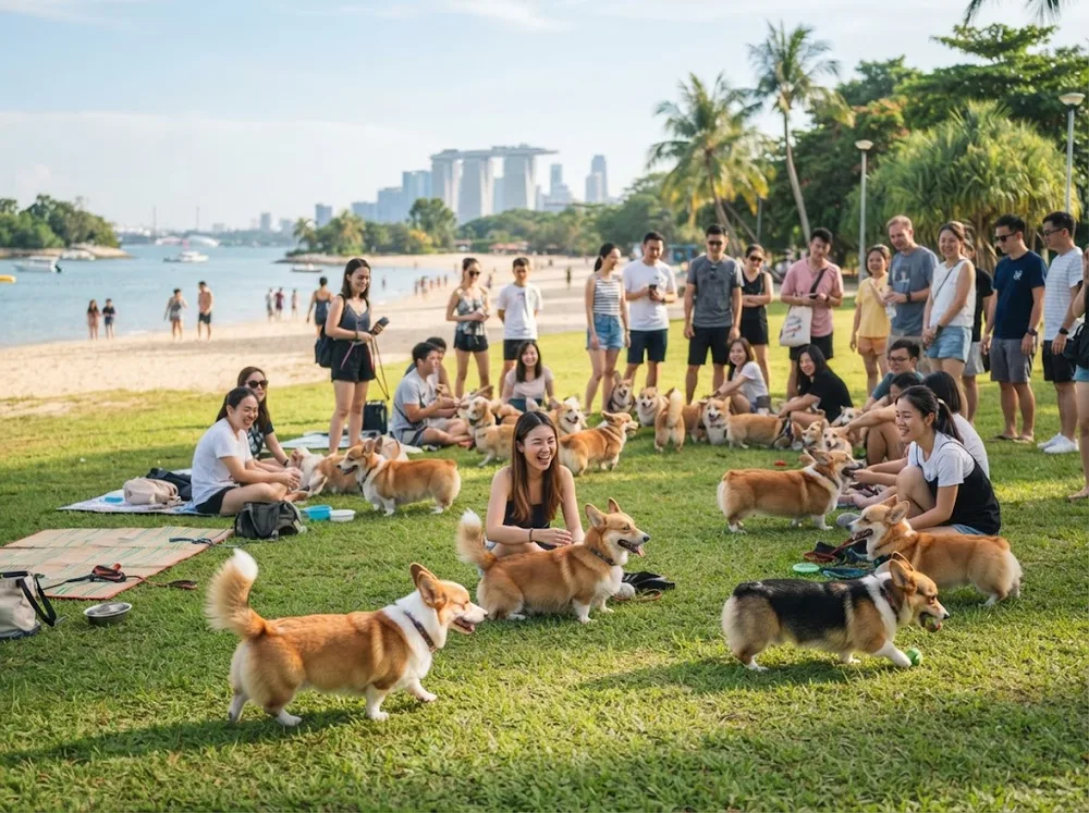 Large group of Pembroke Welsh Corgis gathered with owners on a Singapore beach lawn