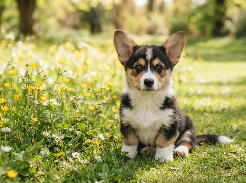 Tricolour Pembroke Welsh Corgi puppy sitting beside flowers on grass, for sale in Singapore