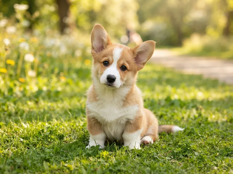 Red and white Pembroke Welsh Corgi puppy with upright ears and a natural tail for sale in Singapore