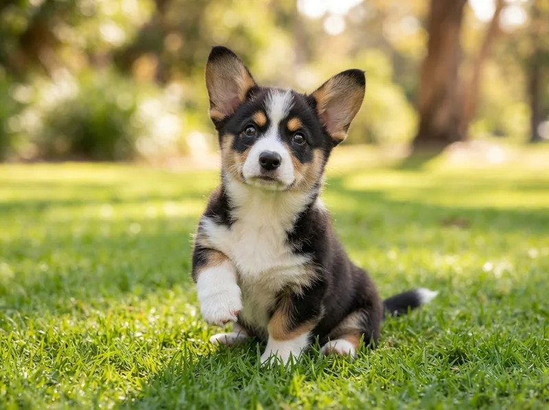 Tricolour Pembroke Welsh Corgi puppy with upright ears and a natural tail for sale in Singapore