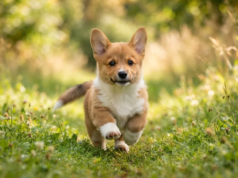 Deep red and white Pembroke Welsh Corgi puppy trotting on grass, for sale in Singapore