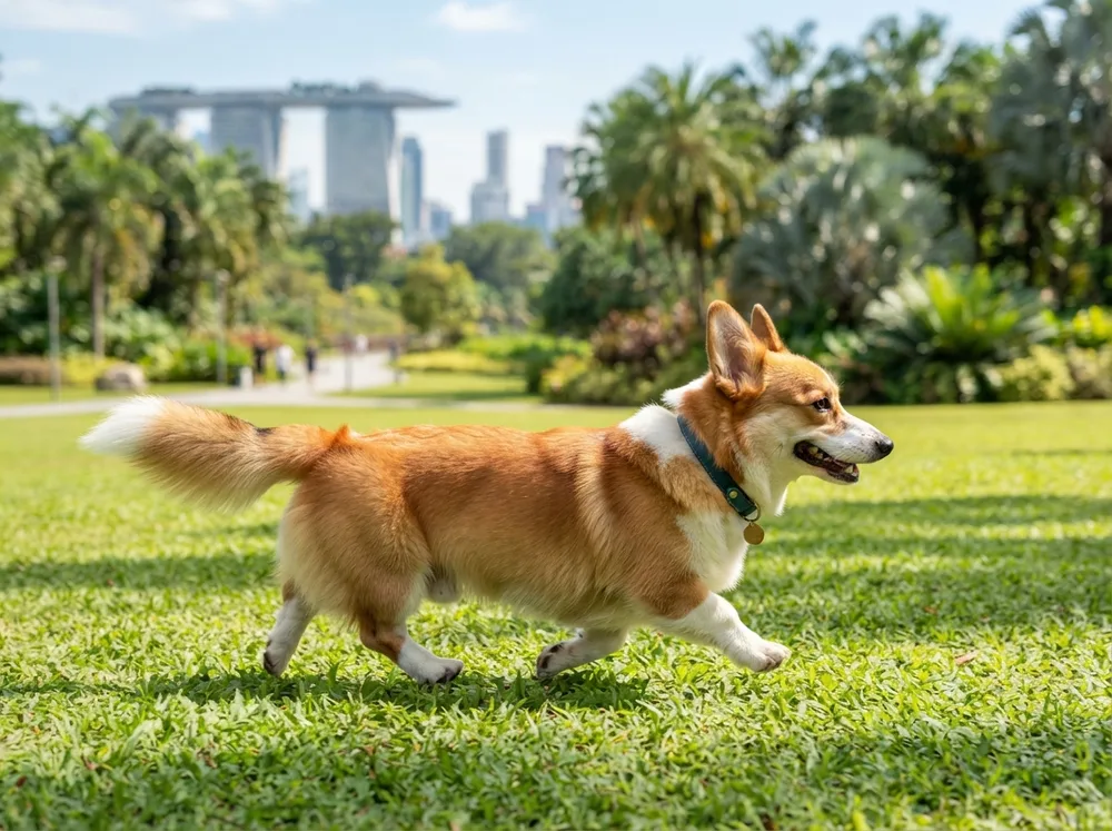 Red and white Pembroke Welsh Corgi with a natural tail trotting across a sunny Singapore park lawn