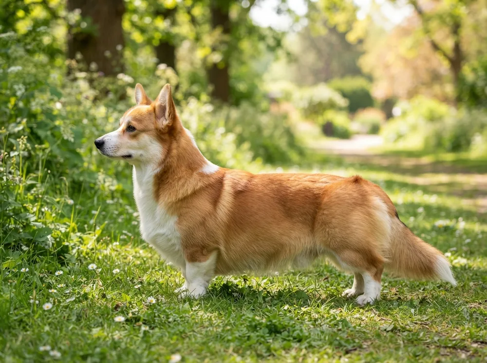 Lean healthy Pembroke Welsh Corgi standing in profile showing a correct moderate build