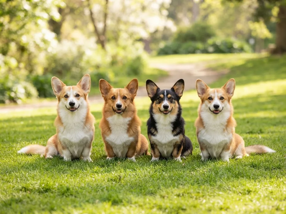 Red and white, sable and tricolour Pembroke Welsh Corgis sitting in a row on grass