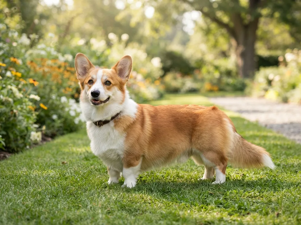 Pembroke Welsh Corgi with a full natural fox-brush tail standing on a garden lawn