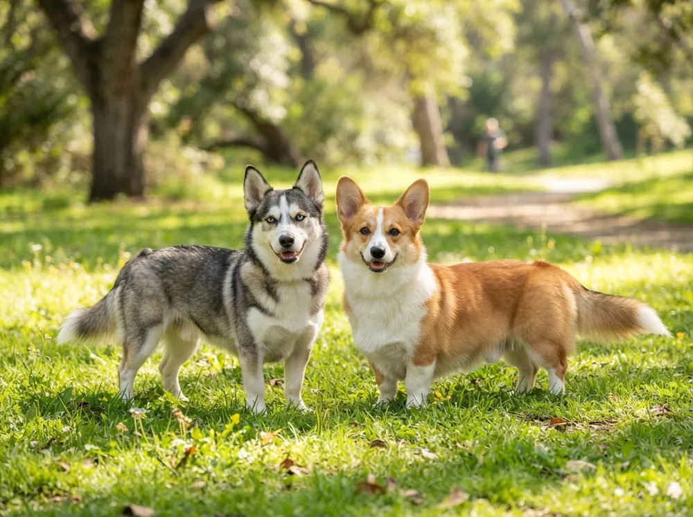 Corgi crossbreed dog with mixed husky colouring standing beside a purebred Pembroke Welsh Corgi