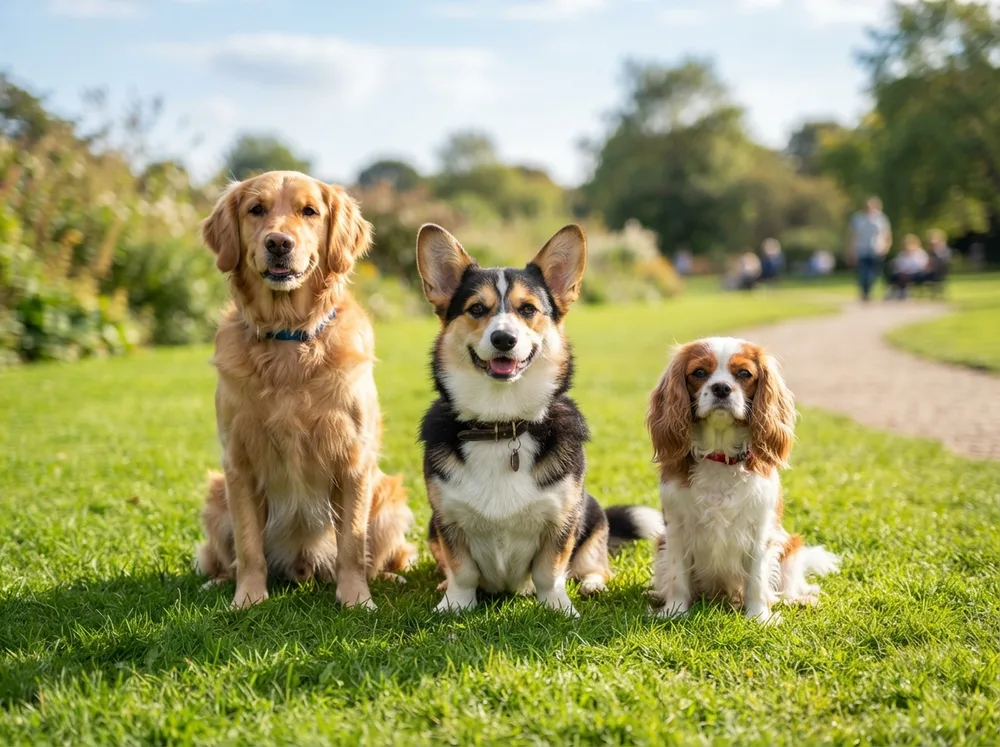 Pembroke Welsh Corgi sitting between two other dog breeds on a bright park lawn