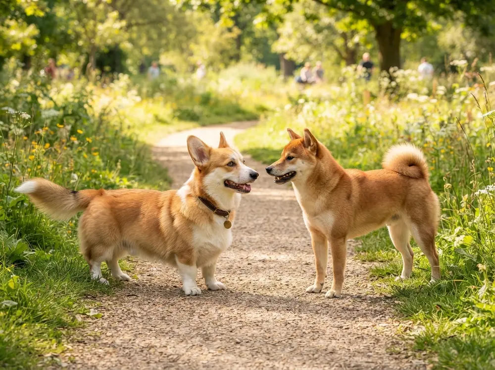 Pembroke Welsh Corgi and red Shiba Inu facing each other on a sunny footpath