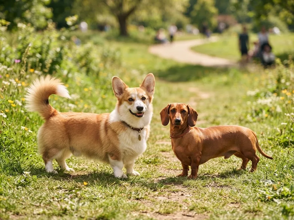 Pembroke Welsh Corgi and Miniature Dachshund standing side by side showing the two long low builds