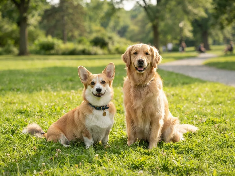Pembroke Welsh Corgi and Golden Retriever sitting together on a park field