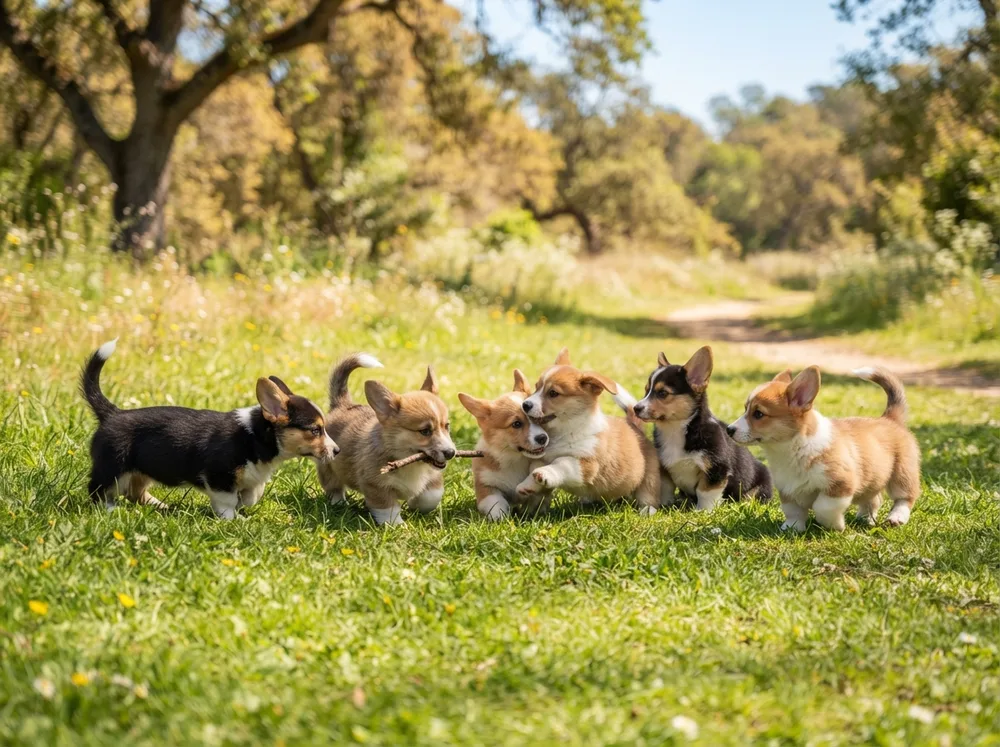 Litter of red and white and tricolour Pembroke Welsh Corgi puppies on fresh grass