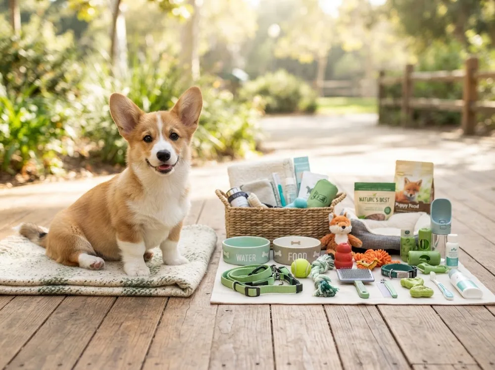 Pembroke Welsh Corgi puppy beside a 30-item puppy starter kit laid out on a wooden floor