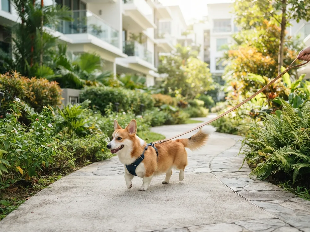 Pembroke Welsh Corgi on a leash outside a Singapore condominium garden path