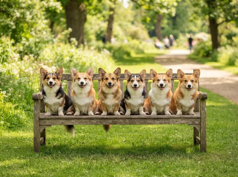 Row of small companion dogs of approved breeds sitting together on a park bench lawn