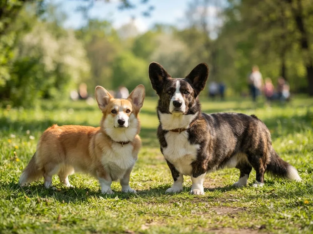 Pembroke Welsh Corgi and larger Cardigan Welsh Corgi standing side by side showing ear and tail differences