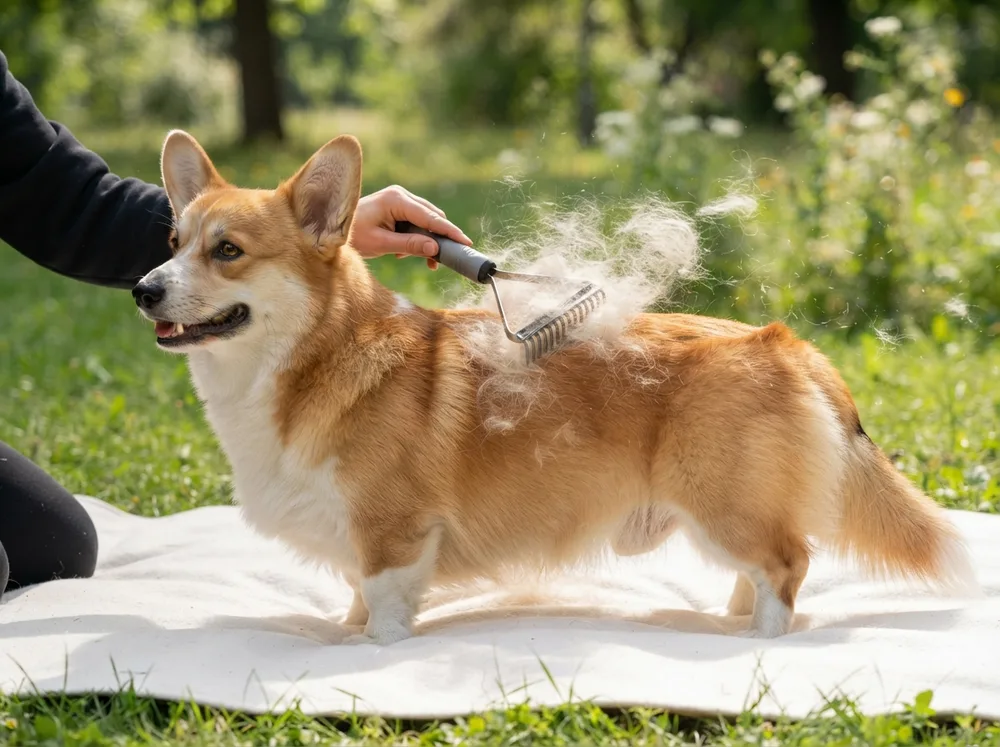 Pembroke Welsh Corgi mid-groom with an undercoat rake and a cloud of loose fur