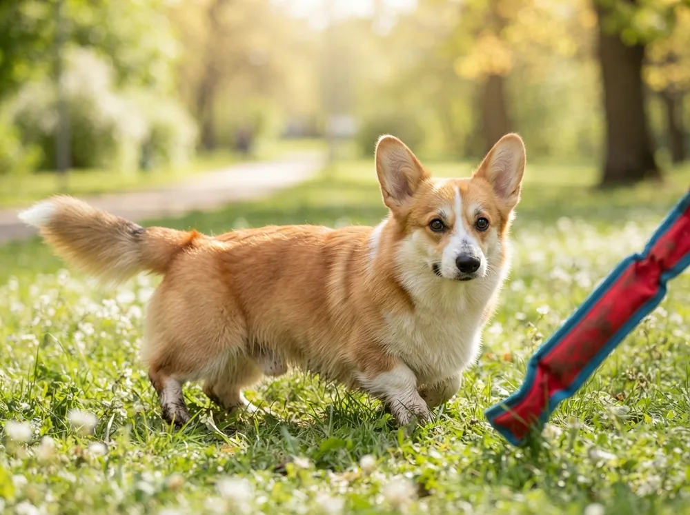 Alert Pembroke Welsh Corgi mid-play with ears up and a confident herding stance