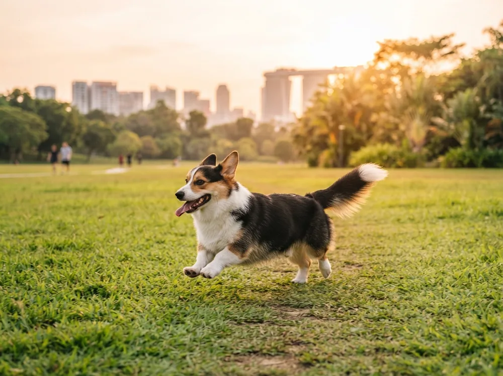 Pembroke Welsh Corgi running at full stride across an open Singapore park field at golden hour